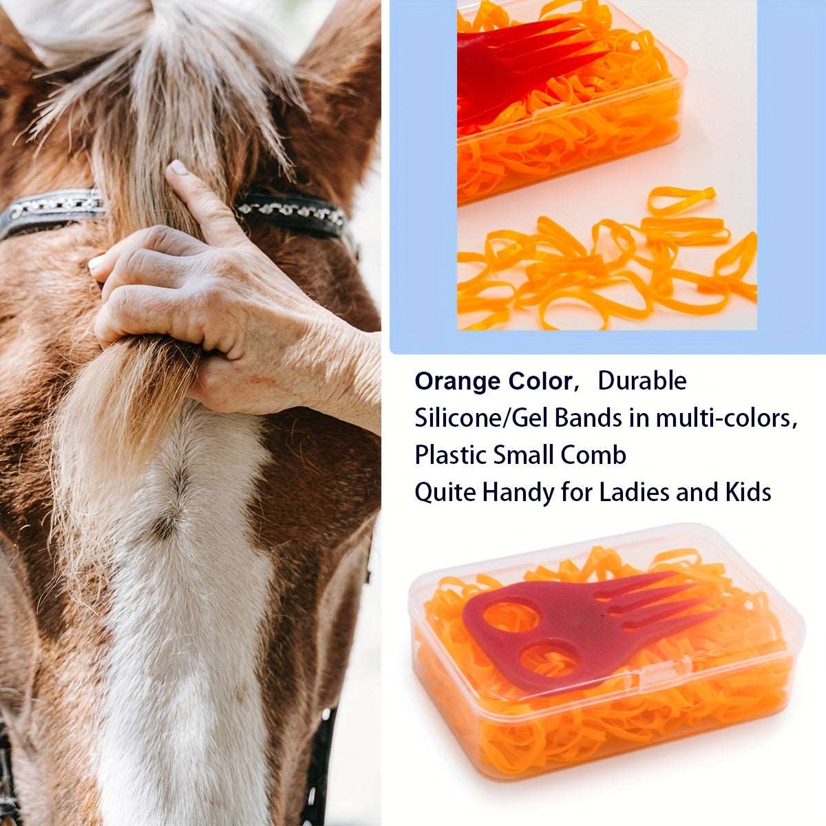 1 Set Of High Quality Horse Braiding Silicone/Gel Bands With Plastic Mane Comb Packed In Box