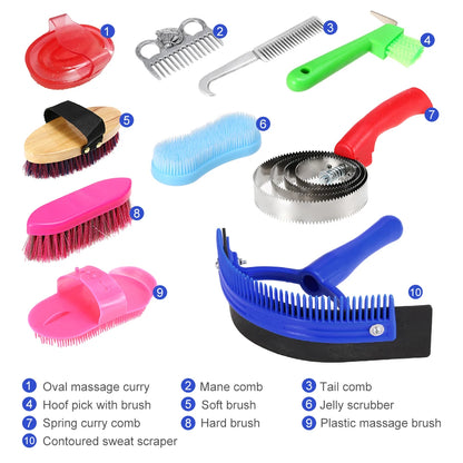 Horse Grooming Tool Set Cleaning Kit Horse Mane Tail Comb Massage Curry Brush Sweat Scraper Hoof Pick Curry Comb Scrubber