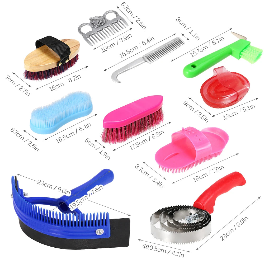 Horse Grooming Tool Set Cleaning Kit Horse Mane Tail Comb Massage Curry Brush Sweat Scraper Hoof Pick Curry Comb Scrubber