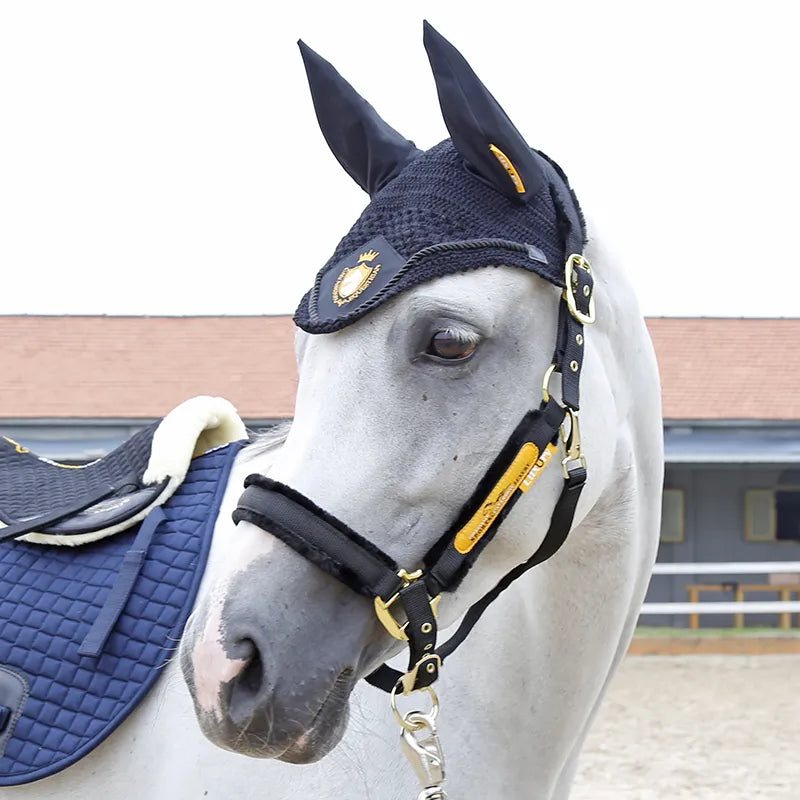 Cavassion Navy Horse Ear Cover with White Embroidery - Equimap